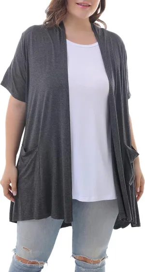ZERDOCEAN Women's Plus Size Short Sleeve Lightweight Soft Printed Drape Cardigan with Pockets