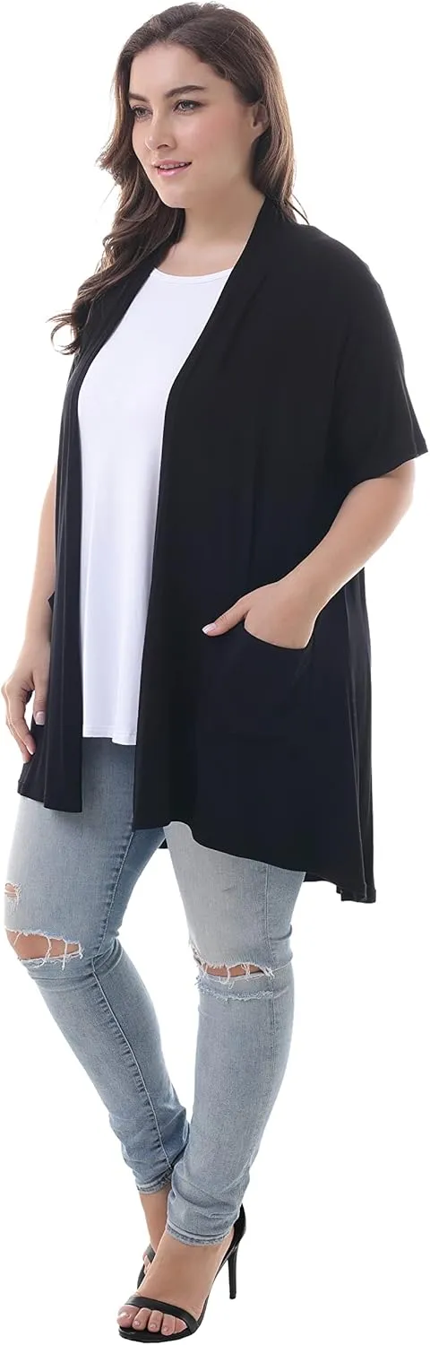 ZERDOCEAN Women's Plus Size Short Sleeve Lightweight Soft Printed Drape Cardigan with Pockets