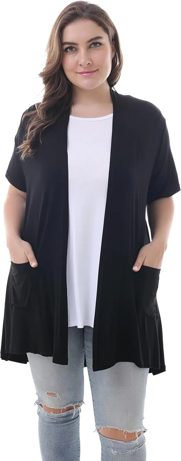 ZERDOCEAN Women's Plus Size Short Sleeve Lightweight Soft Printed Drape Cardigan with Pockets