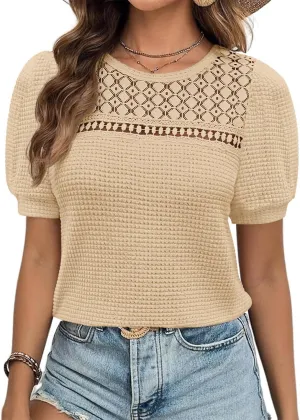 ZESICA Womens 2025 Summer Waffle Knit Hollow Out T Shirts Crewneck Puff Short Sleeve Tops Casual Loose Tunic Blouses