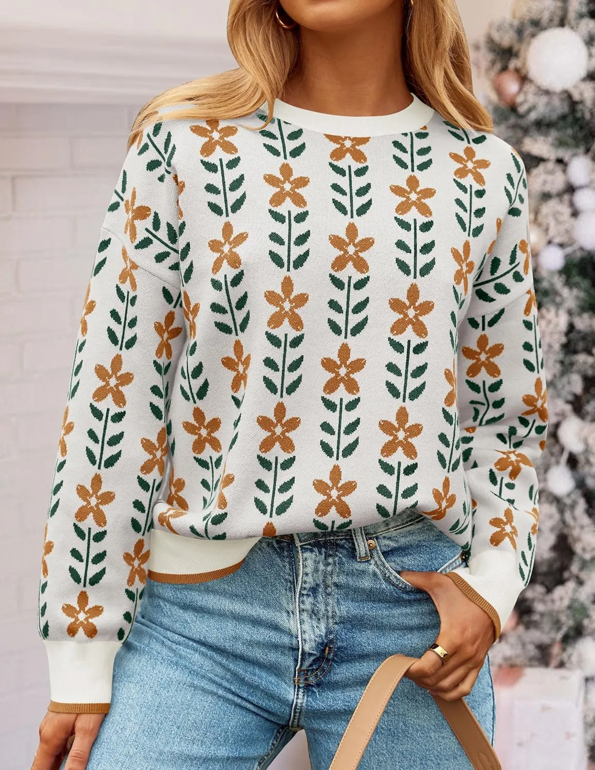 ZESICA Women's Long Sleeve Crewneck Sweater 2025 Fall Printed Cute Oversized Knitted Pullover Tops Trendy Clothes