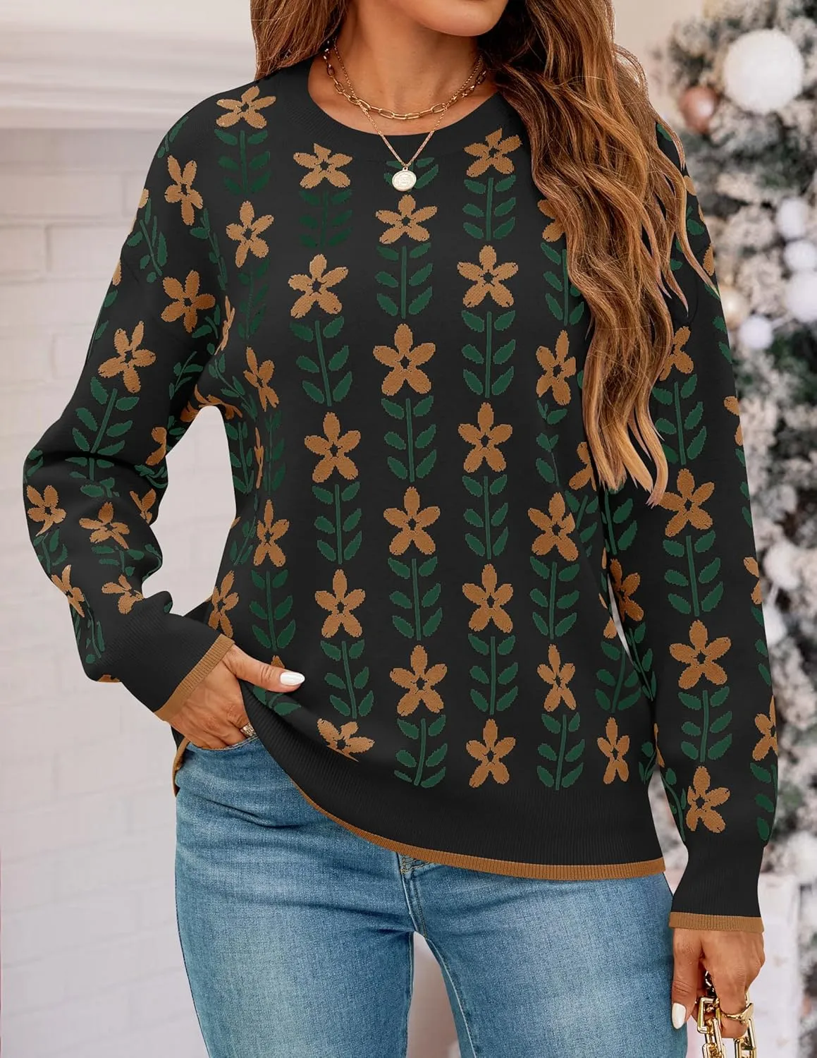 ZESICA Women's Long Sleeve Crewneck Sweater 2025 Fall Printed Cute Oversized Knitted Pullover Tops Trendy Clothes