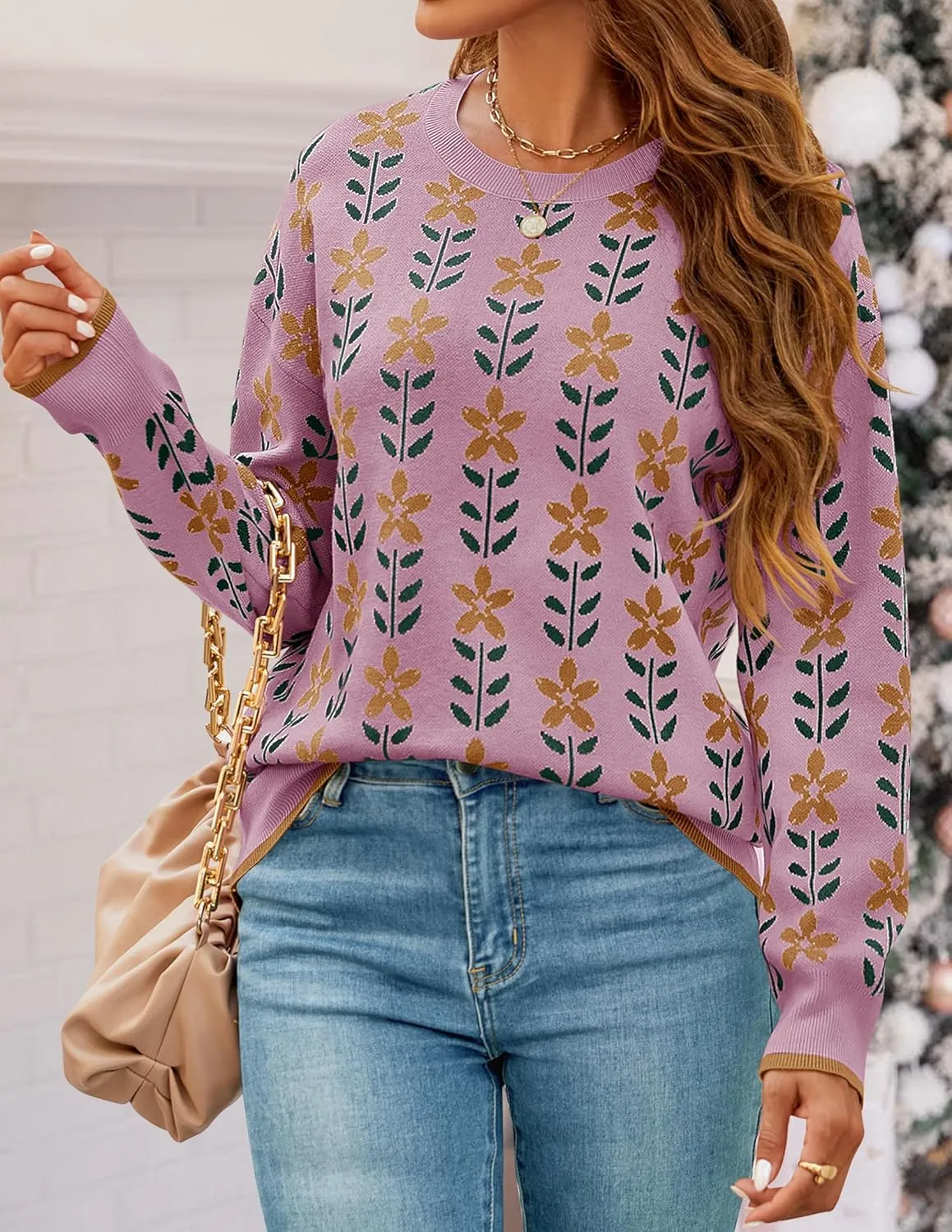 ZESICA Women's Long Sleeve Crewneck Sweater 2025 Fall Printed Cute Oversized Knitted Pullover Tops Trendy Clothes