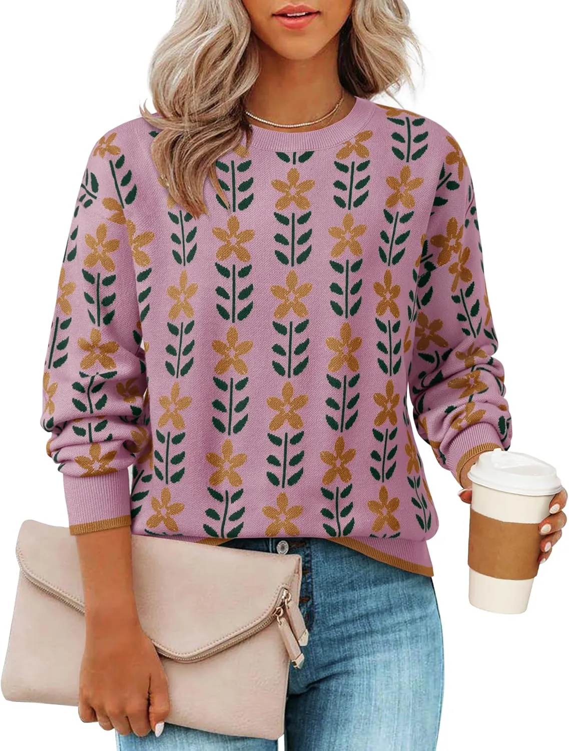 ZESICA Women's Long Sleeve Crewneck Sweater 2025 Fall Printed Cute Oversized Knitted Pullover Tops Trendy Clothes