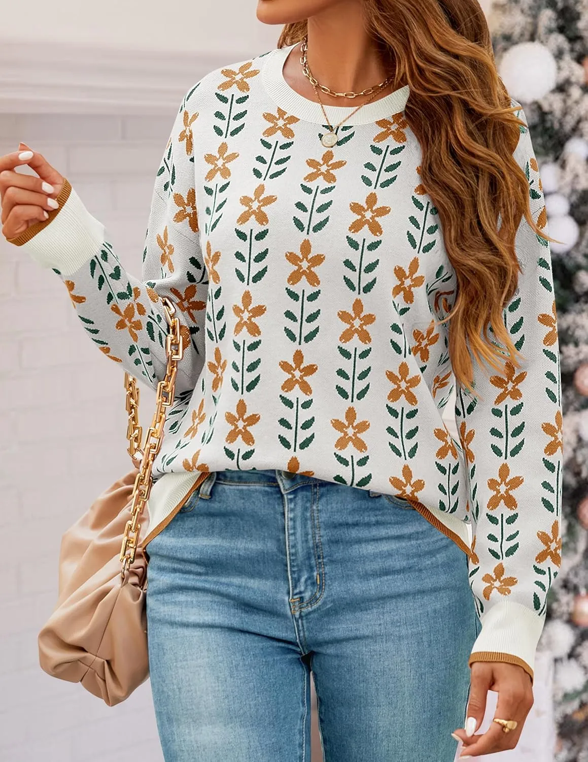 ZESICA Women's Long Sleeve Crewneck Sweater 2025 Fall Printed Cute Oversized Knitted Pullover Tops Trendy Clothes