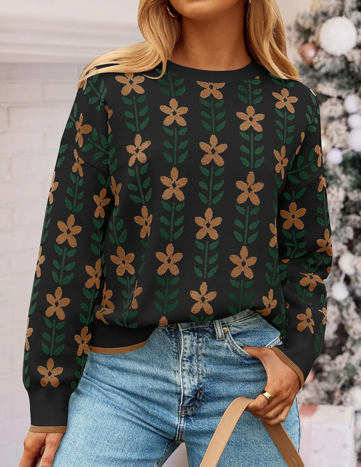 ZESICA Women's Long Sleeve Crewneck Sweater 2025 Fall Printed Cute Oversized Knitted Pullover Tops Trendy Clothes