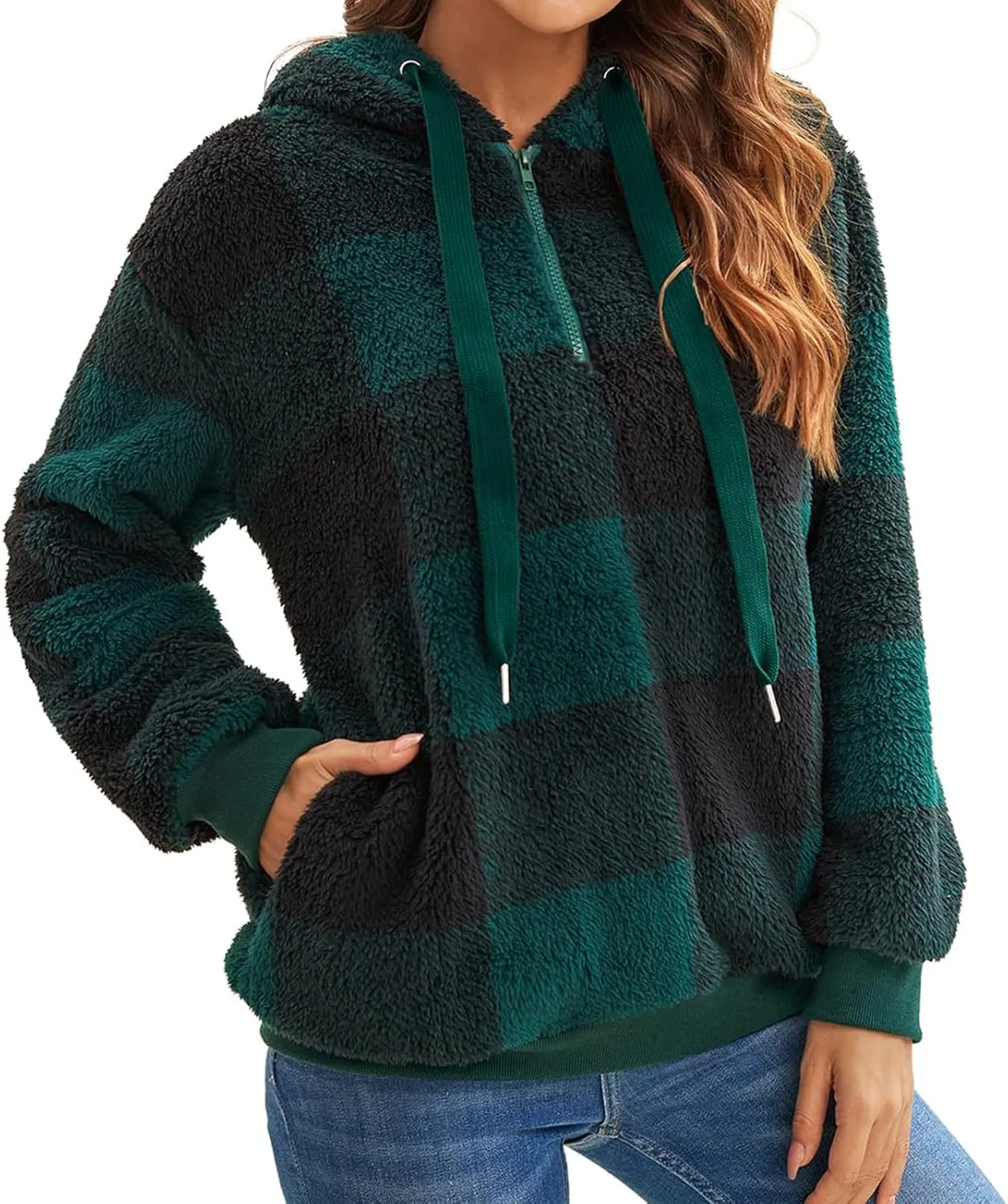 ZWRXW Womens Oversized Sherpa Hoodies Drawstring Fuzzy Fleece Hoodie Sweatshirts Fluffy Buffalo Plaid Outerwear with Pockets