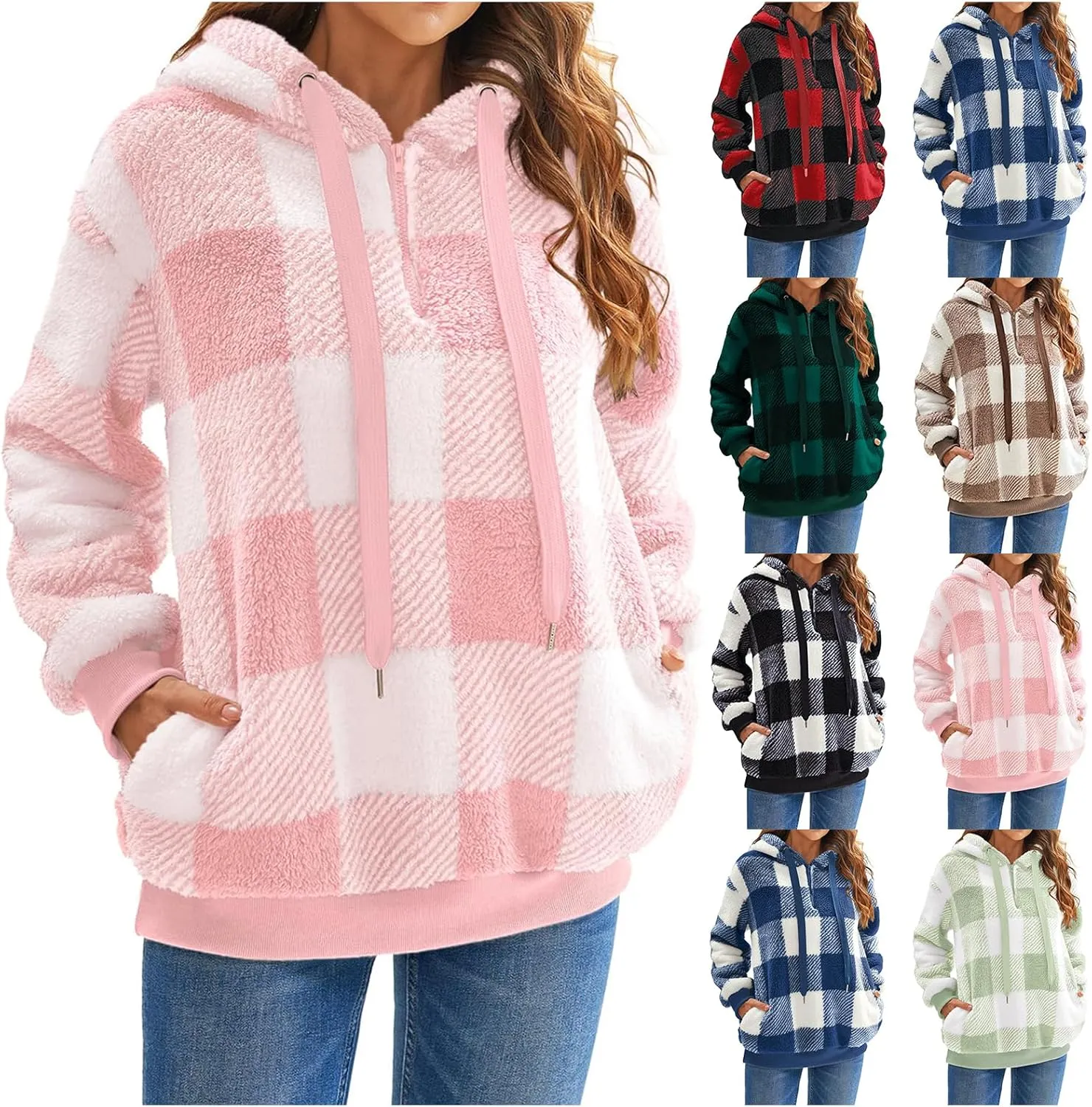 ZWRXW Womens Oversized Sherpa Hoodies Drawstring Fuzzy Fleece Hoodie Sweatshirts Fluffy Buffalo Plaid Outerwear with Pockets