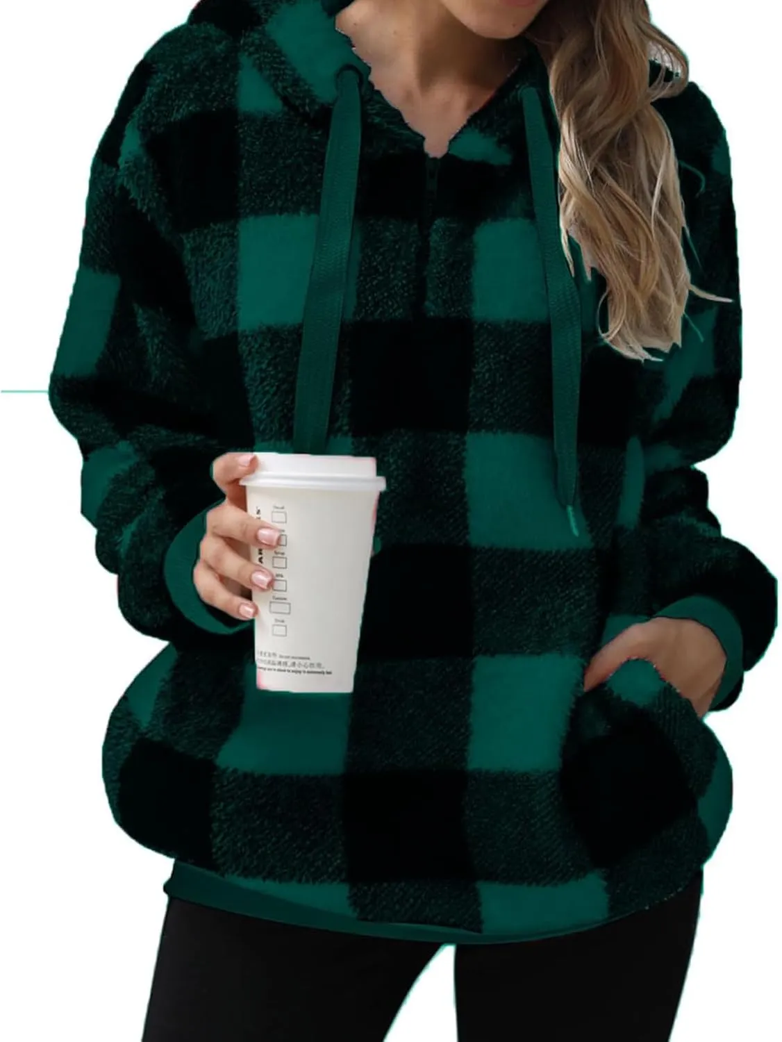 ZWRXW Womens Oversized Sherpa Hoodies Drawstring Fuzzy Fleece Hoodie Sweatshirts Fluffy Buffalo Plaid Outerwear with Pockets