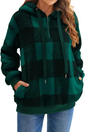 ZWRXW Womens Oversized Sherpa Hoodies Drawstring Fuzzy Fleece Hoodie Sweatshirts Fluffy Buffalo Plaid Outerwear with Pockets