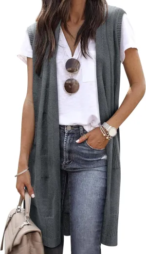 ZXZY Sleeveless Cardigans for Women Cozy Trendy Open Front Sweater Duster Long Vest