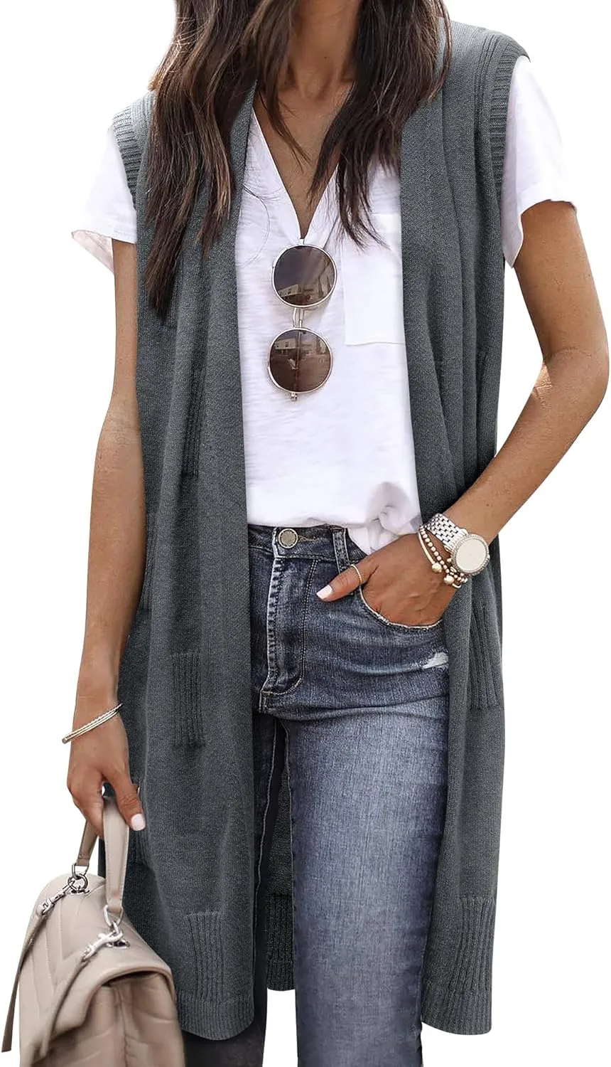 ZXZY Sleeveless Cardigans for Women Cozy Trendy Open Front Sweater Duster Long Vest